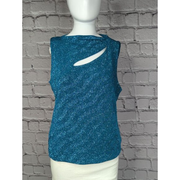XSCAPE Womens Large Sleeveless Teal Cutout Glitter Tinsel Top 4-Way Stretch - Picture 6 of 9